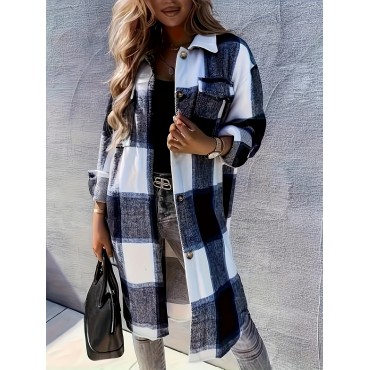 Plaid Print Long Length Jacket, Casual Button Front Flap Pockets Outwear, Women's Clothing Plaid Print Long Length Jacket, Casual Button Front Flap Pockets Outwear, Women's Clothing