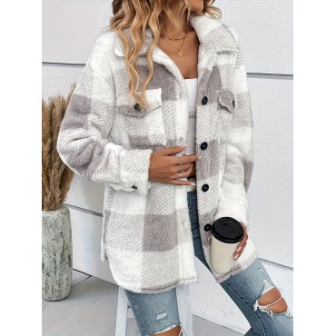 Plaid Fuzzy Fall & Winter Jacket, Casual Button Front Long Sleeve Outerwear, Women's Clothing Plaid Fuzzy Fall & Winter Jacket, Casual Button Front Long Sleeve Outerwear, Women's Clothing