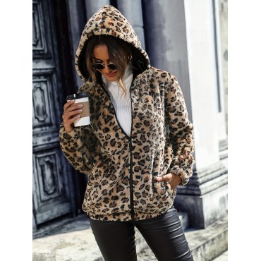 Leopard Pattern Zipper Hooded Teddy Coat, Versatile Long Sleeve Thermal Outwear For Fall & Winter, Women's Clothing Leopard Pattern Zipper Hooded Teddy Coat, Versatile Long Sleeve Thermal Outwear For Fall & Winter, Women's Clothing