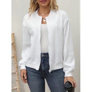 Textured Solid Bomber Jacket, Casual Zip Up Long Sleeve Outerwear, Women's Clothing Textured Solid Bomber Jacket, Casual Zip Up Long Sleeve Outerwear, Women's Clothing