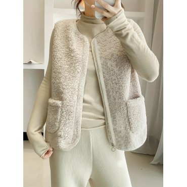 Solid Zipper Patched Pockets Teddy Vest, Versatile Sleeveless Warm Outwear For Fall & Winter, Women's Clothing Solid Zipper Patched Pockets Teddy Vest, Versatile Sleeveless Warm Outwear For Fall & Winter, Women's Clothing