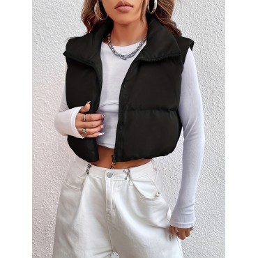 Zip Up Cropped Vest Coat, Casual Solid Sleeveless Stand Collar Outerwear, Women's Clothing Zip Up Cropped Vest Coat, Casual Solid Sleeveless Stand Collar Outerwear, Women's Clothing