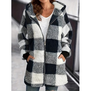 Plaid Print Hooded Jacket, Casual Long Sleeve Warm Zip Up Outerwear, Women's Clothing Plaid Print Hooded Jacket, Casual Long Sleeve Warm Zip Up Outerwear, Women's Clothing