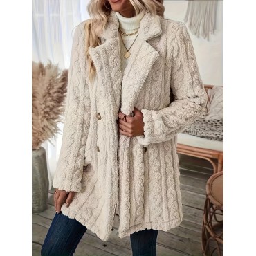 Double-breasted Plush Textured Coat, Thermal Notched Collar Long Sleeve Teddy Bear Coat, Women's Clothing Double-breasted Plush Textured Coat, Thermal Notched Collar Long Sleeve Teddy Bear Coat, Women's Clothing