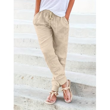 Drawstring Solid Pants, Casual Long Length Pants With Pockets, Women's Clothing Drawstring Solid Pants, Casual Long Length Pants With Pockets, Women's Clothing