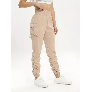 Ruched Solid Cargo Pants, Elegant High Waist Drawstring Pants With Pockets, Women's Clothing Ruched Solid Cargo Pants, Elegant High Waist Drawstring Pants With Pockets, Women's Clothing