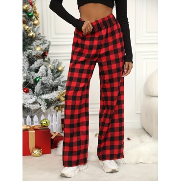 Plaid Print Wide Leg...