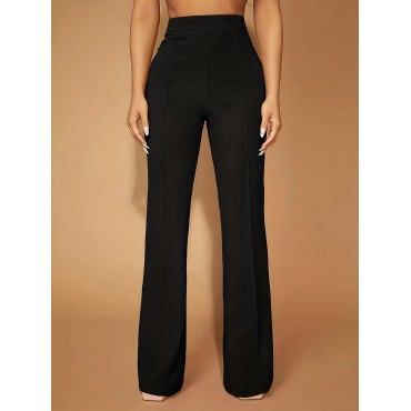 Solid High Waist Slim Pants, Casual Flare Leg Pants For Spring & Fall, Women's Clothing Solid High Waist Slim Pants, Casual Flare Leg Pants For Spring & Fall, Women's Clothing