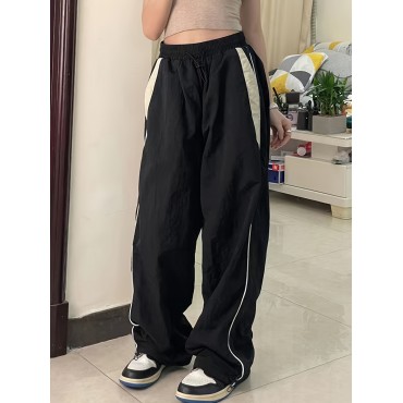 Color Block Cargo Pants, Y2K Drawstring Elastic Waist Wide Leg Pants, Women's Clothing Color Block Cargo Pants, Y2K Drawstring Elastic Waist Wide Leg Pants, Women's Clothing