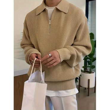 Men's Stylish Solid Knitted Shirt, Casual Slightly Stretch Breathable Lapel Zip Up Long Sleeve Shirt Top For City Walk Street Hanging Men's Stylish Solid Knitted Shirt, Casual Slightly Stretch Breathable Lapel Zip Up Long Sleeve Shirt Top For City Walk Street Hanging