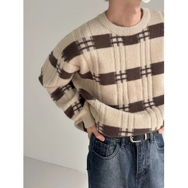 Preppy Stripes Pattern Knitted Sweater, Men's Loose Casual Warm Mid Stretch Crew Neck Pullover Sweater For Men Fall Winter Preppy Stripes Pattern Knitted Sweater, Men's Loose Casual Warm Mid Stretch Crew Neck Pullover Sweater For Men Fall Winter