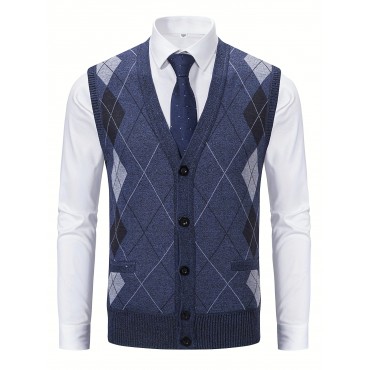 Elegant Slightly Stretch Cardigan Vest, Men's Casual Classic Vintage Style V Neck Button Up Cardigan Vest For Fall Winter Elegant Slightly Stretch Cardigan Vest, Men's Casual Classic Vintage Style V Neck Button Up Cardigan Vest For Fall Winter