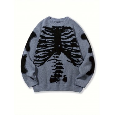 Skeleton Pattern Knitted Sweater, Men's Casual Warm Mid Stretch Crew Neck Pullover Sweater For Men Fall Winter Skeleton Pattern Knitted Sweater, Men's Casual Warm Mid Stretch Crew Neck Pullover Sweater For Men Fall Winter