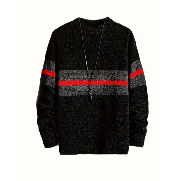 Men's Stylish Stripe Pattern Knitted Pullover, Casual Breathable Long Sleeve Crew Neck Top For City Walk Street Hanging Outdoor Activities Men's Stylish Stripe Pattern Knitted Pullover, Casual Breathable Long Sleeve Crew Neck Top For City Walk Street Hanging Outdoor Activities