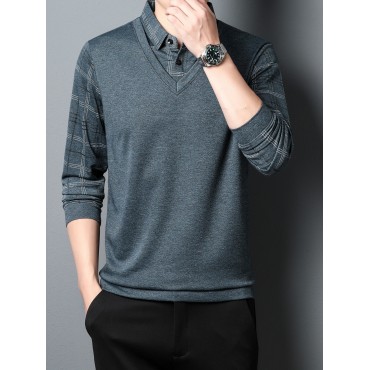 Fake Two-piece Design Preppy Chic Knit Shirt, Men's Casual Lapel Mid Stretch V-Neck Pullover Sweater For Men Winter Fall Fake Two-piece Design Preppy Chic Knit Shirt, Men's Casual Lapel Mid Stretch V-Neck Pullover Sweater For Men Winter Fall