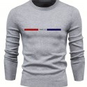 All Match Knitted PARIS Pattern Sweater, Men's Casual Warm Mid Stretch Crew Neck Pullover Sweater For Men Fall Winter