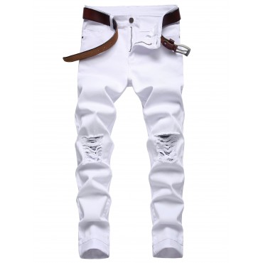 Men's Casual Ripped Slim Fit White Cotton Jeans Men's Casual Ripped Slim Fit White Cotton Jeans