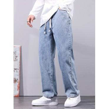 Classic Design Distressed Jeans, Men's Casual Drawstring Regular Fit Denim Pants For All Seasons Classic Design Distressed Jeans, Men's Casual Drawstring Regular Fit Denim Pants For All Seasons