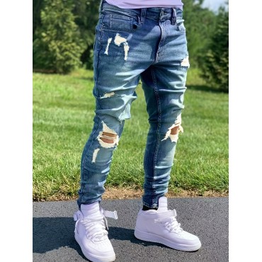 Chic Ripped Slim Fit Jeans, Men's Casual Street Style Stretch Jeans Chic Ripped Slim Fit Jeans, Men's Casual Street Style Stretch Jeans