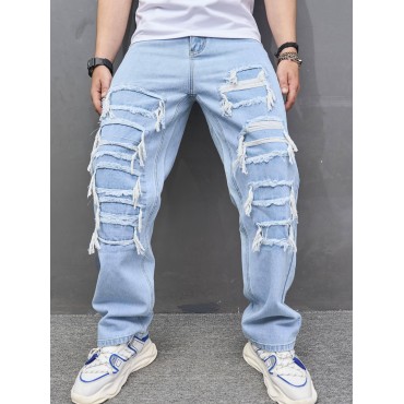 Men's Straight Leg Jeans, Casual Street Style Raw Trim Denim Pants With Pockets Men's Straight Leg Jeans, Casual Street Style Raw Trim Denim Pants With Pockets