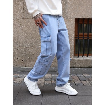 Men's Multi Pocket Jeans, Casual Loose Fit Straight Leg Jeans Men's Multi Pocket Jeans, Casual Loose Fit Straight Leg Jeans