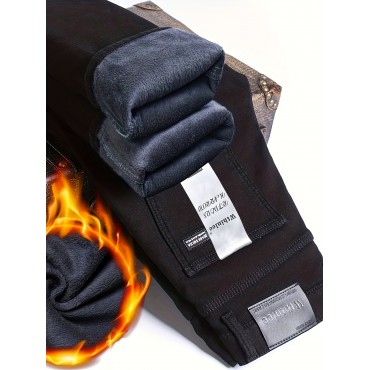 Men's Classic Design Warm Thick Jeans, Semi-formal Stretch Jeans For Fall Winter Business Men's Classic Design Warm Thick Jeans, Semi-formal Stretch Jeans For Fall Winter Business