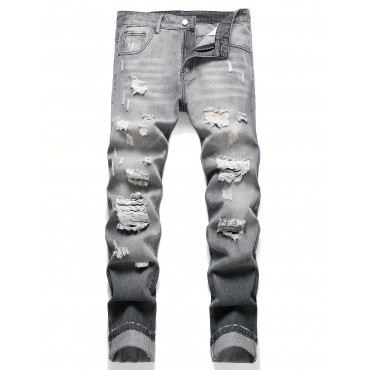 Men's Regular Ripped Jeans, Casual Street Style Distressed Denim Pants Men's Regular Ripped Jeans, Casual Street Style Distressed Denim Pants