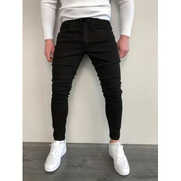 Slim Fit Cotton Jeans, Men's Casual Street Style Solid Color Classic Design Mid Stretch Denim Pants For Spring Summer Slim Fit Cotton Jeans, Men's Casual Street Style Solid Color Classic Design Mid Stretch Denim Pants For Spring Summer