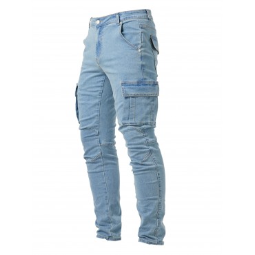 Slim Fit Multi Pocket Jeans, Men's Casual Street Style Medium Stretch Denim Cargo Pants Slim Fit Multi Pocket Jeans, Men's Casual Street Style Medium Stretch Denim Cargo Pants
