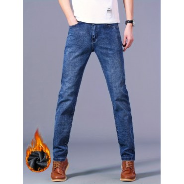 Warm Fleece Straight Leg Jeans For Business, Men's Semi-formal Denim Pants For Fall Winter Warm Fleece Straight Leg Jeans For Business, Men's Semi-formal Denim Pants For Fall Winter