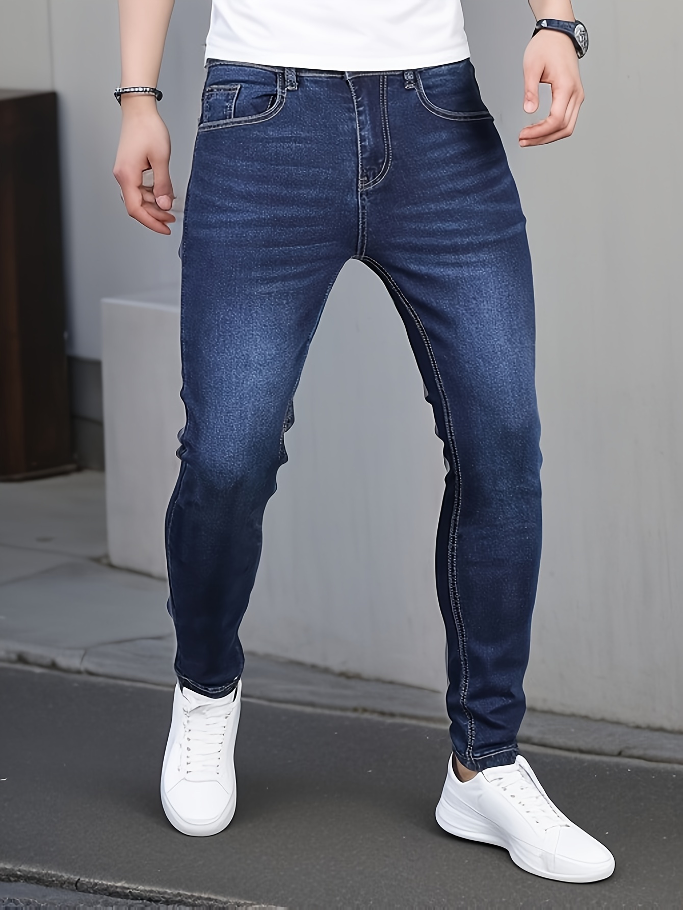 mens casual skinny jeans street style medium stretch denim pants details 2